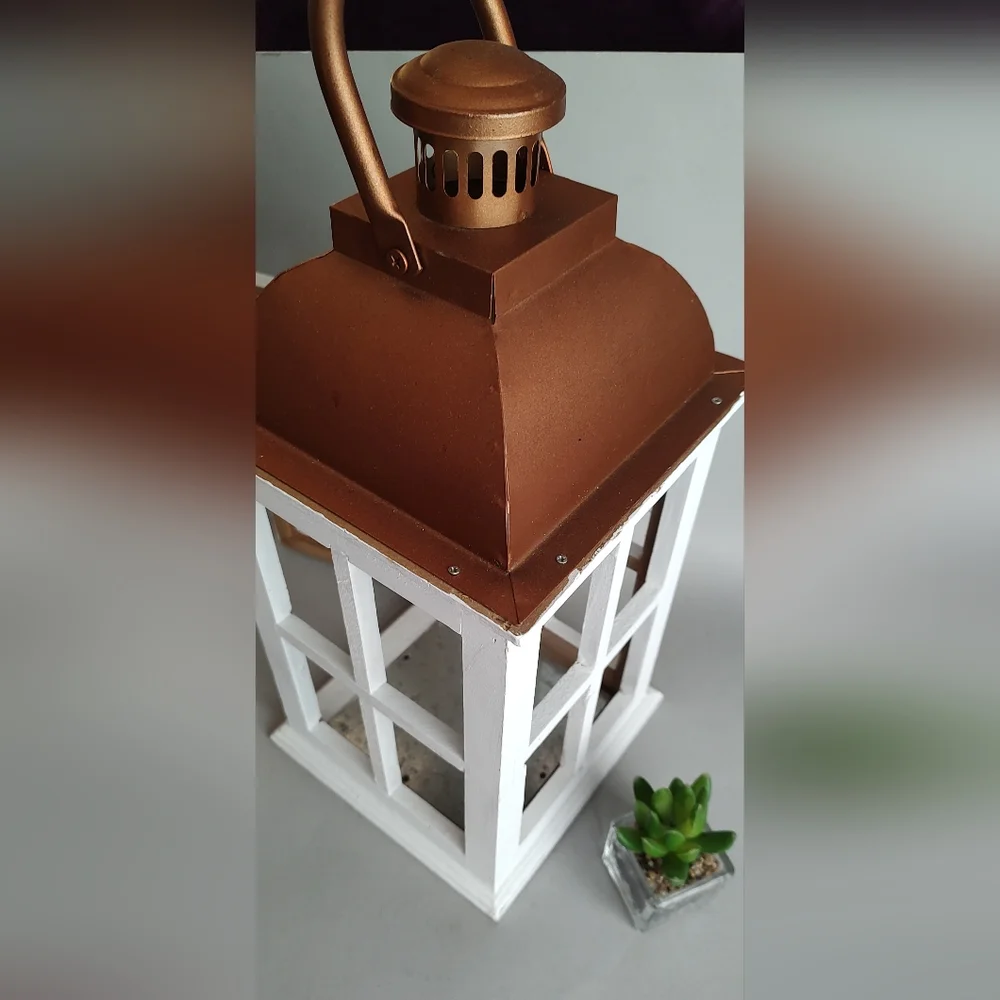 Elements Lantern home decor white and galvanized metal wood good condition - Picture 8 of 11